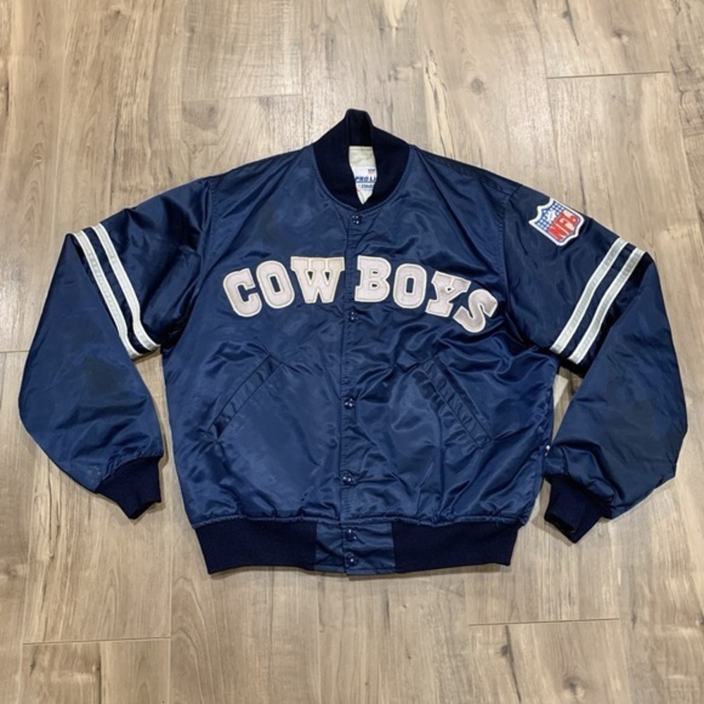 VTG 80s/90s Dallas Cowboys L Satin Varsity Starter Jacket Navy Striped Tagged‎